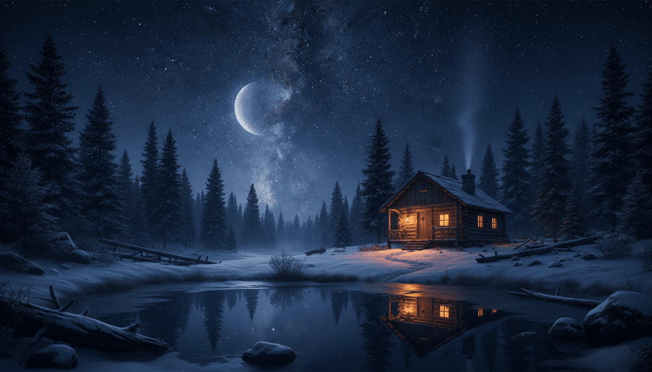 Serene cabin under starry night sky with soft moonlight and warm lantern glow.