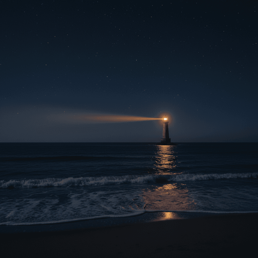 Peaceful nighttime ocean scene with lighthouse beacon