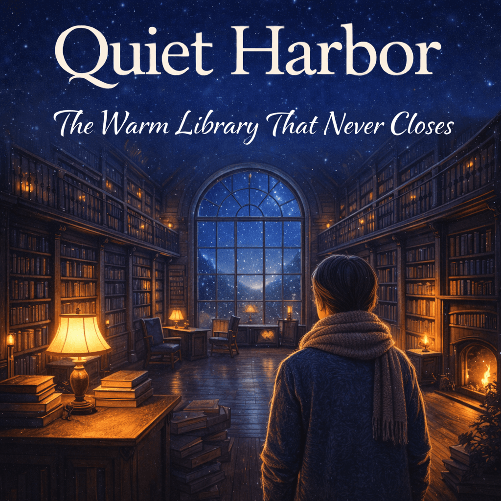 Person in scarf gazes into a cozy library with bookshelves and starry night sky window.