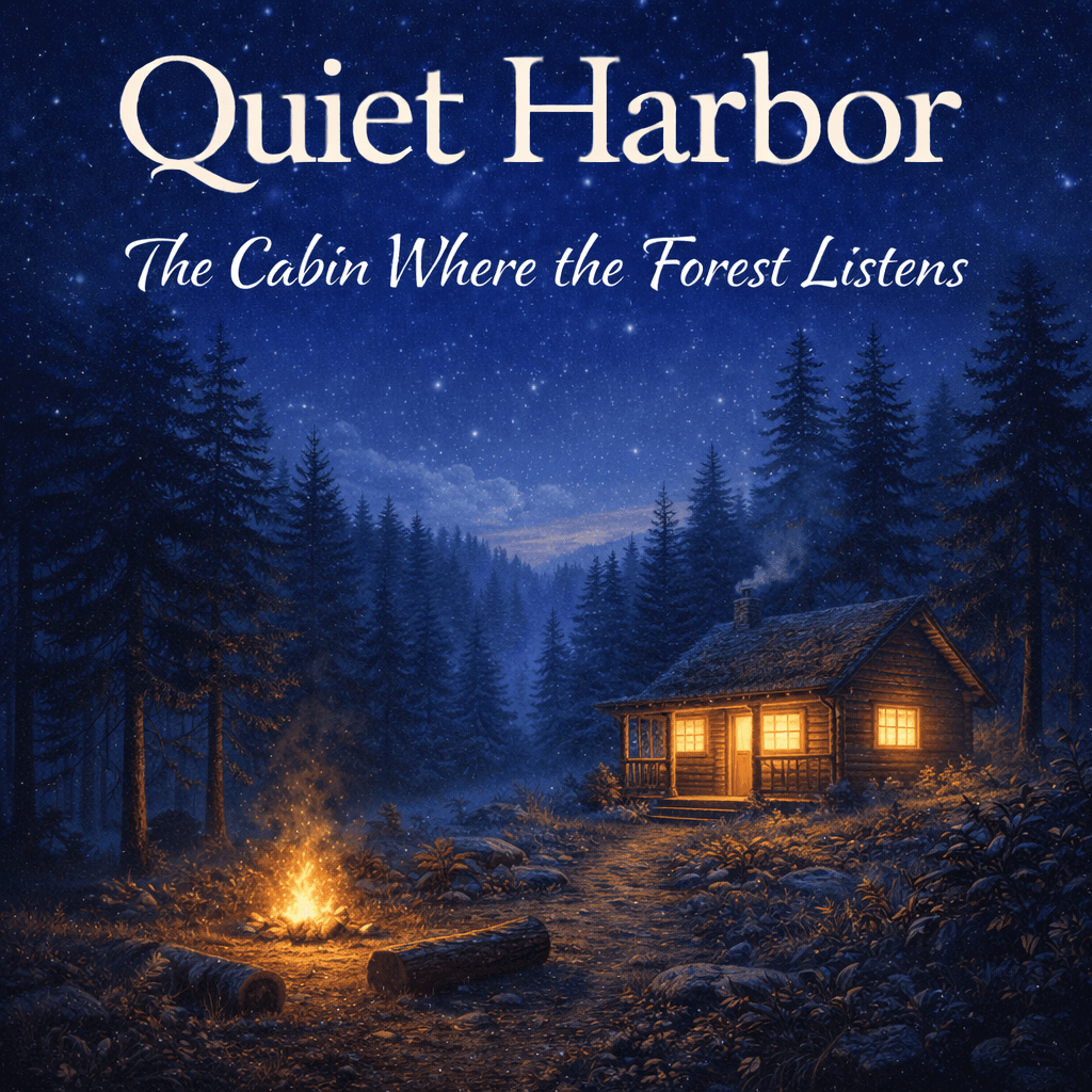 Cozy cabin with glowing windows and campfire under a starry night sky in the forest.