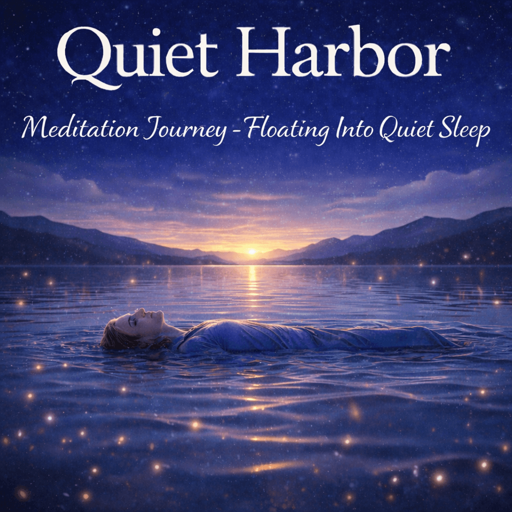Woman floating in calm water with glowing lights under a starry sunset sky, titled "Quiet Harbor."